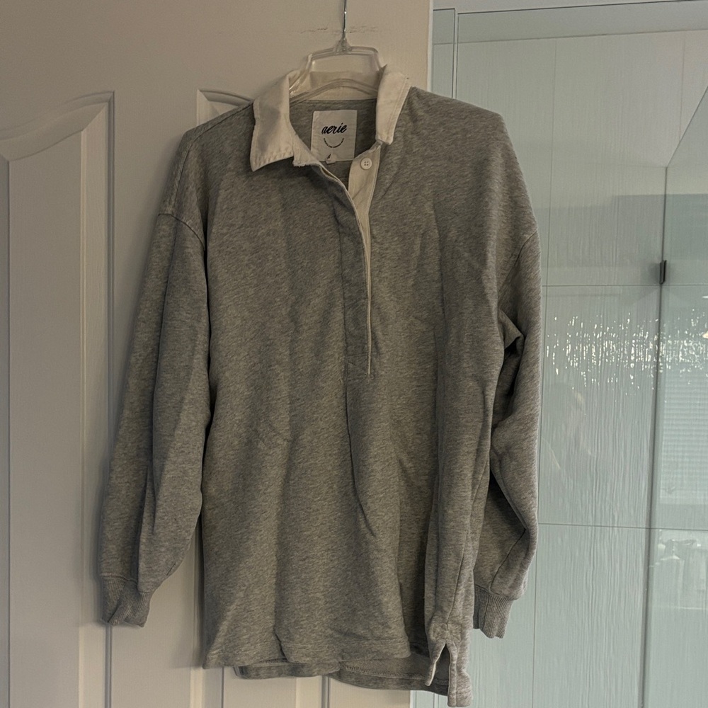 Aerie Women's Gray Long Sleeve oversized Polo